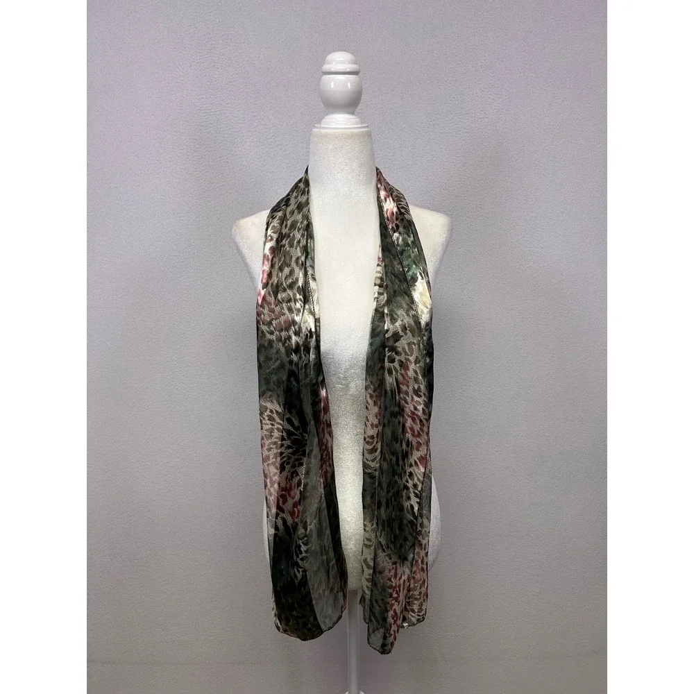 Boho Chic Animal Print Womens OS Green Brown Sheer Rectangular Scarf